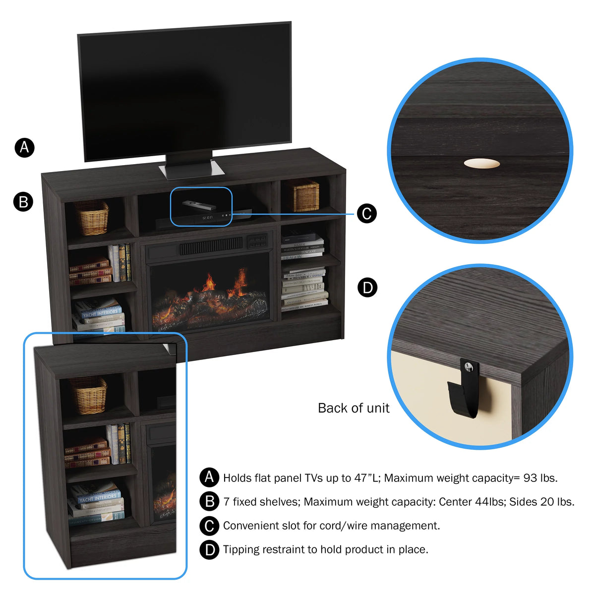 Fireplace TV Stand for TVs up to 48" with Adjustable Thermostat and LED Flame, Gray T826417
