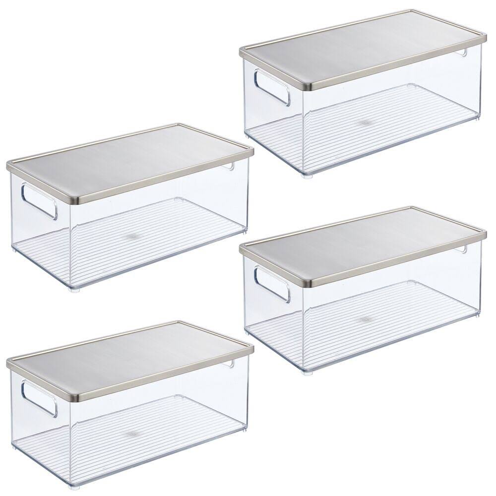 Storage Bin with Handles and Lid, 4 Pack, Clear/Steel T809