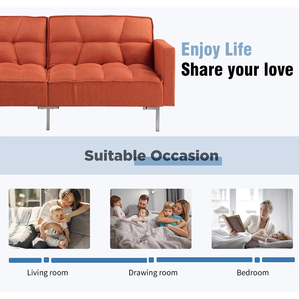 Orange Convertible Folding Futon Sofa Bed with 2 Pillows P5195