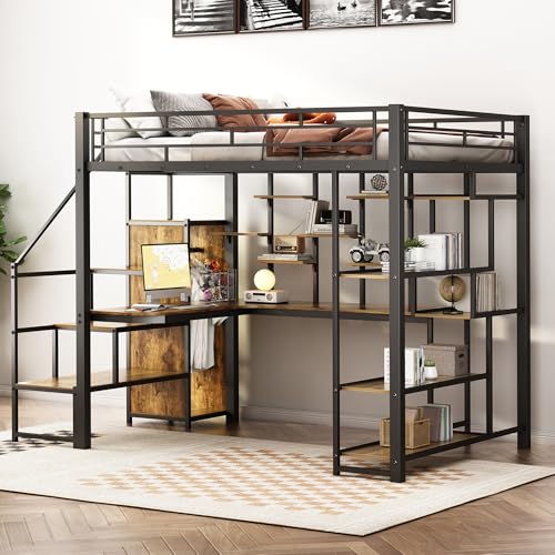 Black Metal Loft Bed with Desk and Stairs M784