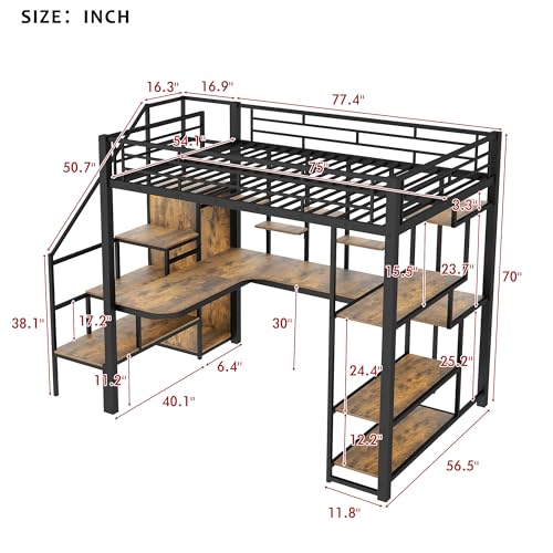 Black Metal Loft Bed with Desk and Stairs M784