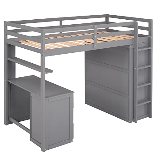 Full Size Solid Wood Loft Bed with Desk and Wardrobe S55881