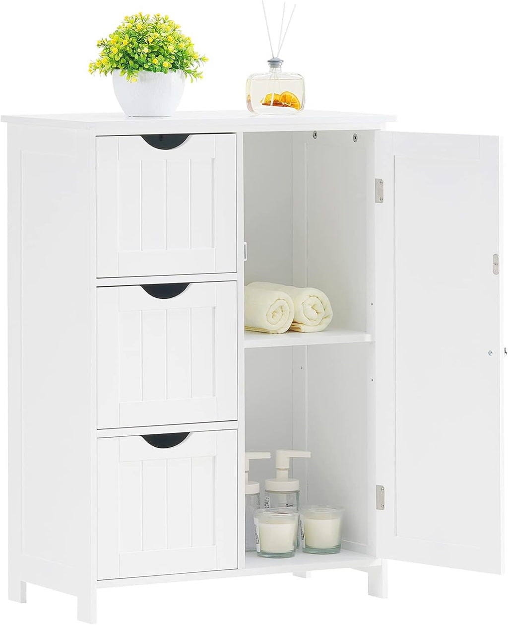 White Wooden Freestanding Bathroom Floor Cabinet with 1 Cupboard and 3 Drawers E4944