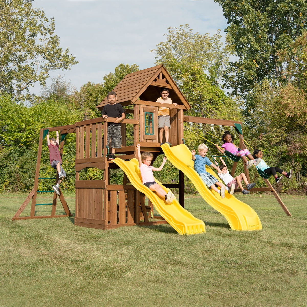 Wooden Backyard Swing Set with Two Yellow Wave Slides M172589