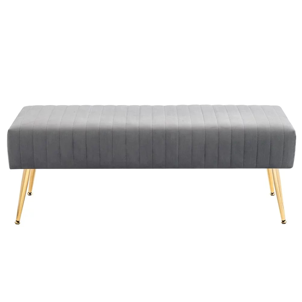 Grey Upholstered Tufted Striped Fabric Bench with Metal Legs J7161