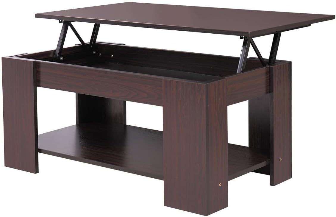 White Wood Lift Up Top Coffee Table with Hidden Compartment and Storage Shelves O773