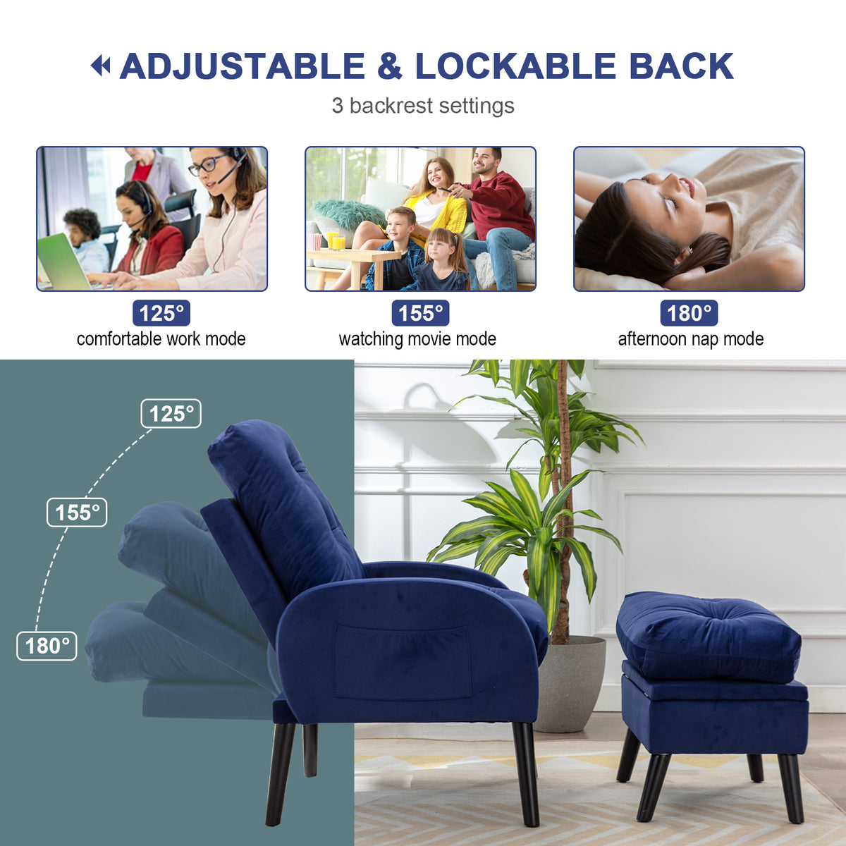 Blue Velvet Accent Recliner Chair with Ottoman with Storage F432