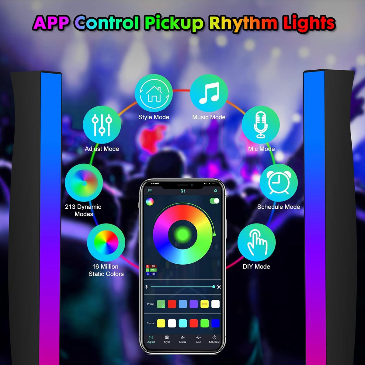 Battery Powered RGB Sound Control Rhythm Light Bar 2Pcs T32746