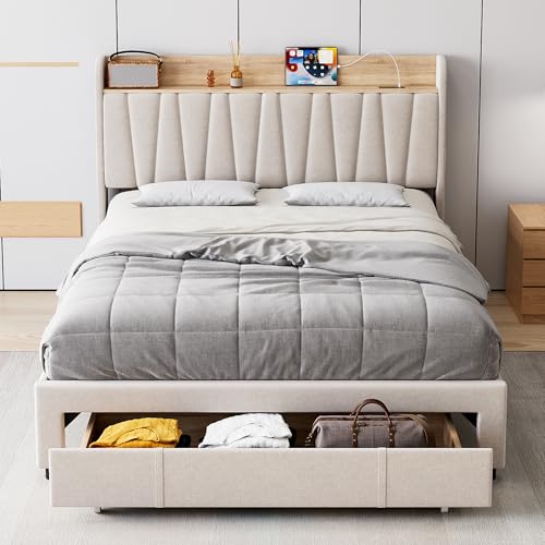 Beige Queen Size Upholstered Platform Bed Frame with Storage Headboard and Drawers M416