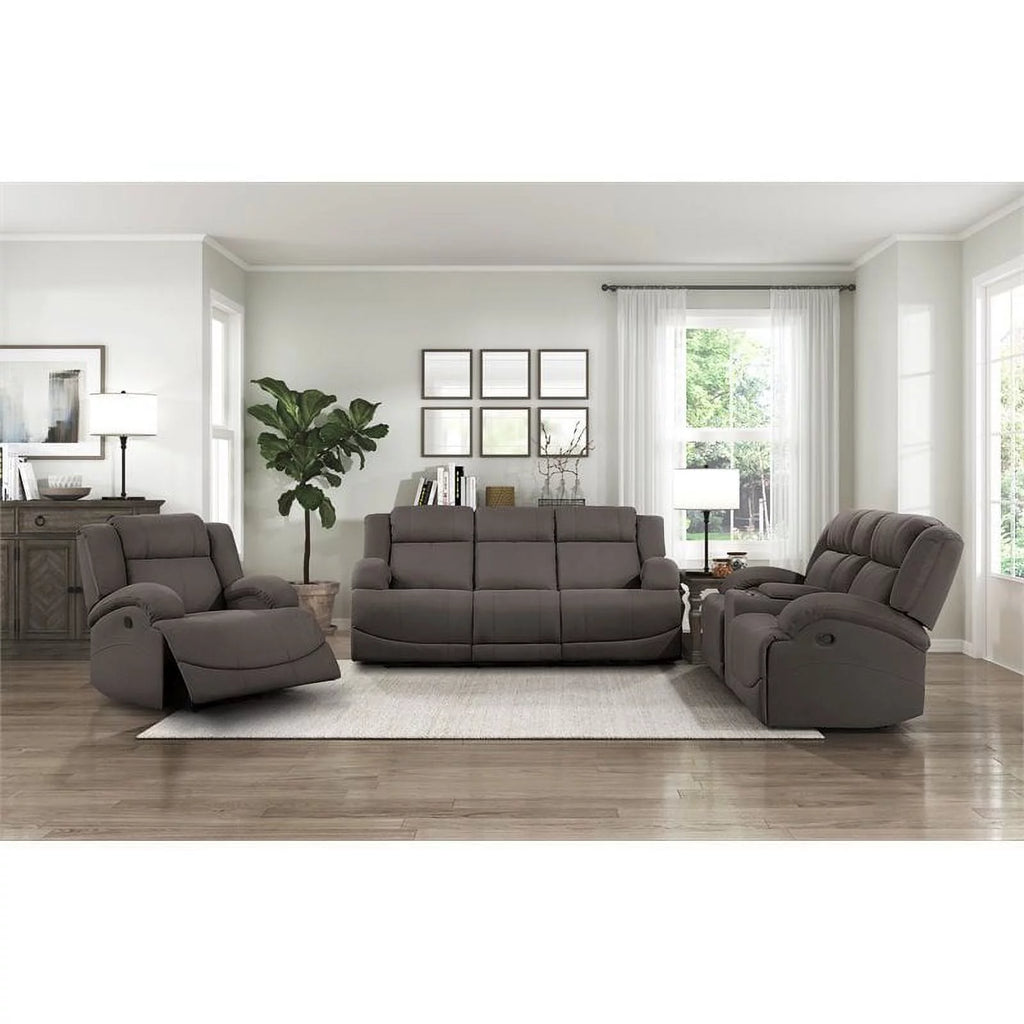 Chocolate Wood & Fabric Double Reclining Sofa B1104