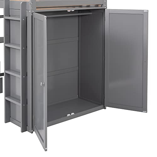 Full Size Solid Wood Loft Bed with Desk and Wardrobe S55881