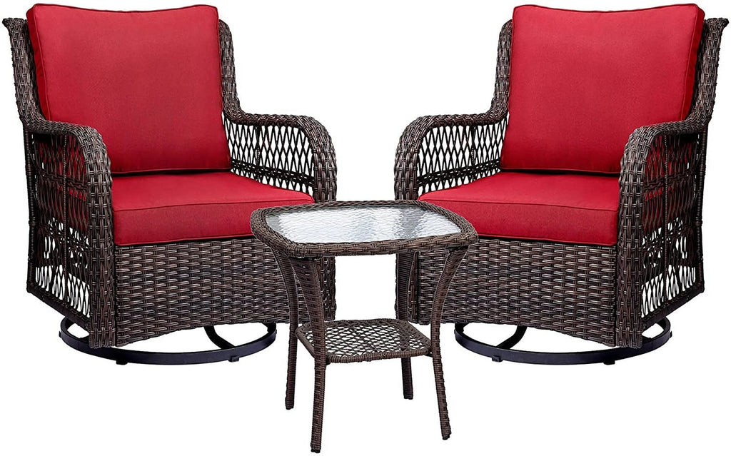Outdoor Wicker Swivel Rocker Patio Set with Cushions and Glass Top Side Table W328848