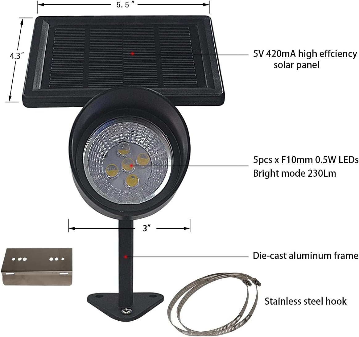 Solar Flag Pole Light, 5 LEDs, Adjustable Metal Clamps, Waterproof, 2 In 1 Solar Powered C920
