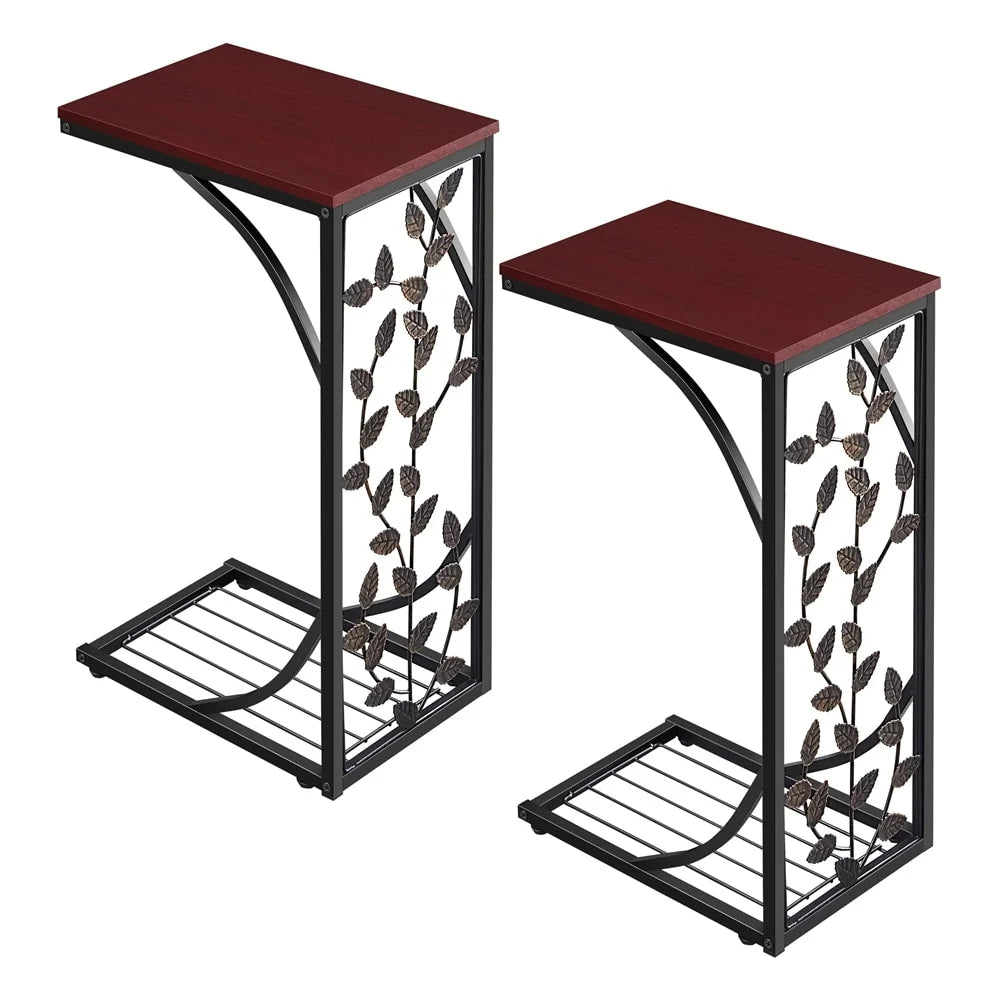 C-shaped Wood and Metal Leaf Pattern End Table, Set of 2 V5418