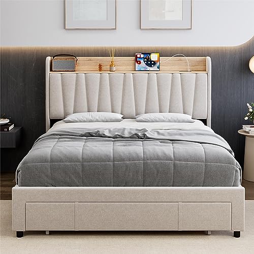 Beige Queen Size Upholstered Platform Bed Frame with Storage Headboard and Drawers M416