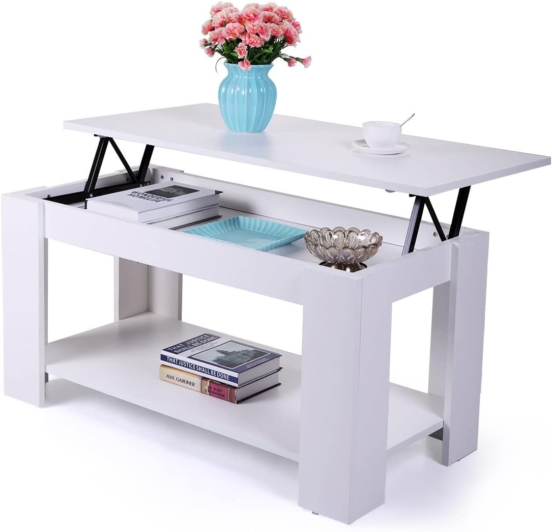 White Wood Lift Up Top Coffee Table with Hidden Compartment and Storage Shelves O773