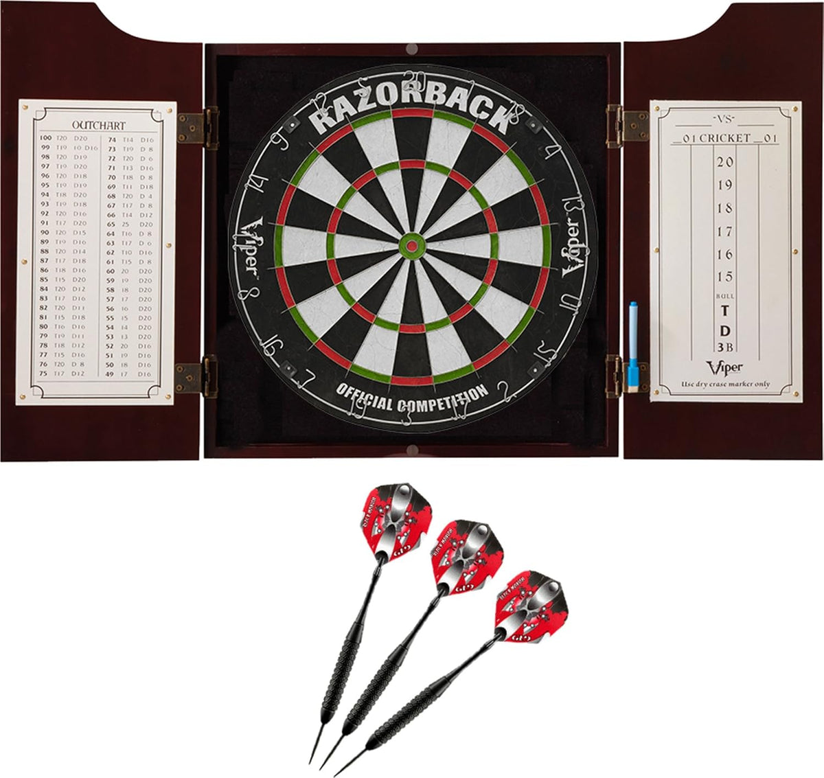 Solid Wood Cabinet with Sisal Bristle Dartboard Bundle with Steel-Tip Dart Set and Dry Erase Scoreboard G86050