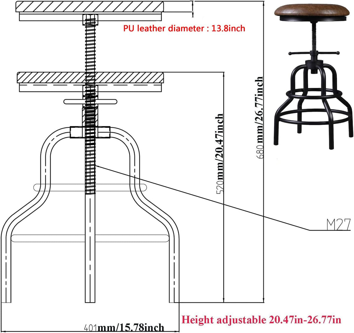 Adjustable Swivel Metal Bar Stool Set of 2 W4507