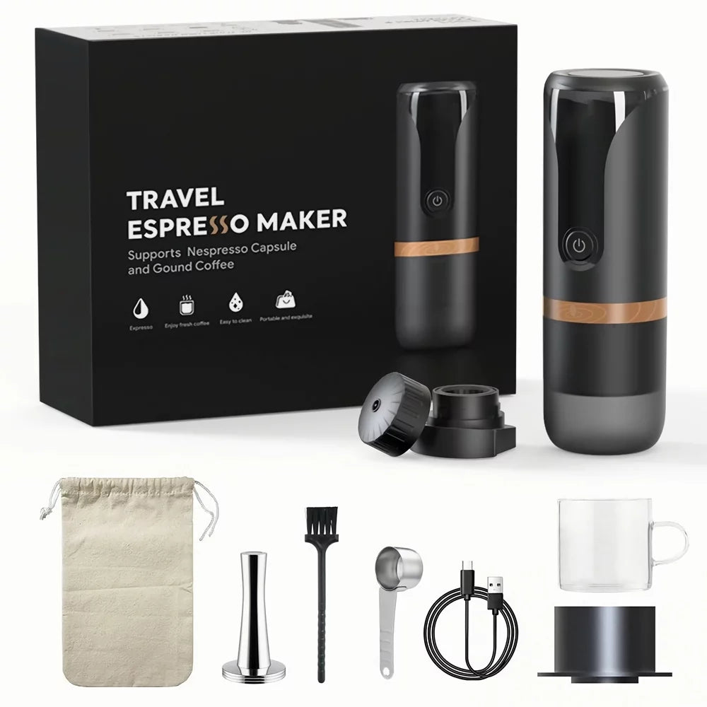 Portable Espresso Machine 9 Bar Pressure Rechargeable 2 in 1 Small Travel Coffee Maker Compatible with Capsules Ground Coffee Black R25148