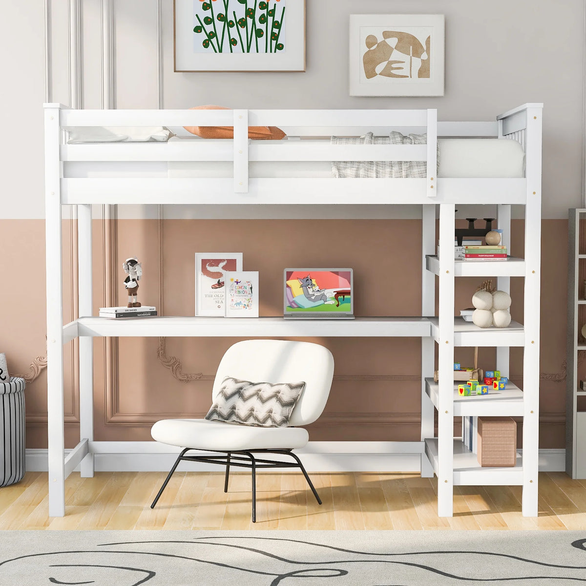 White Twin Size Loft Bed with Storage Shelves and Desk S45239