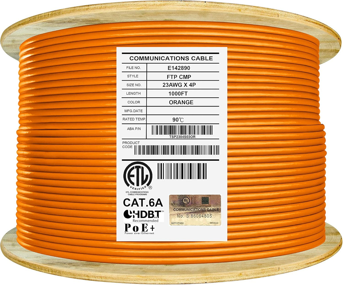 Cat6A Shielded Plenum 1000ft FTP 23AWG 650MHz Solid Pure Copper Bulk Ethernet Cable Reel Orange D38791