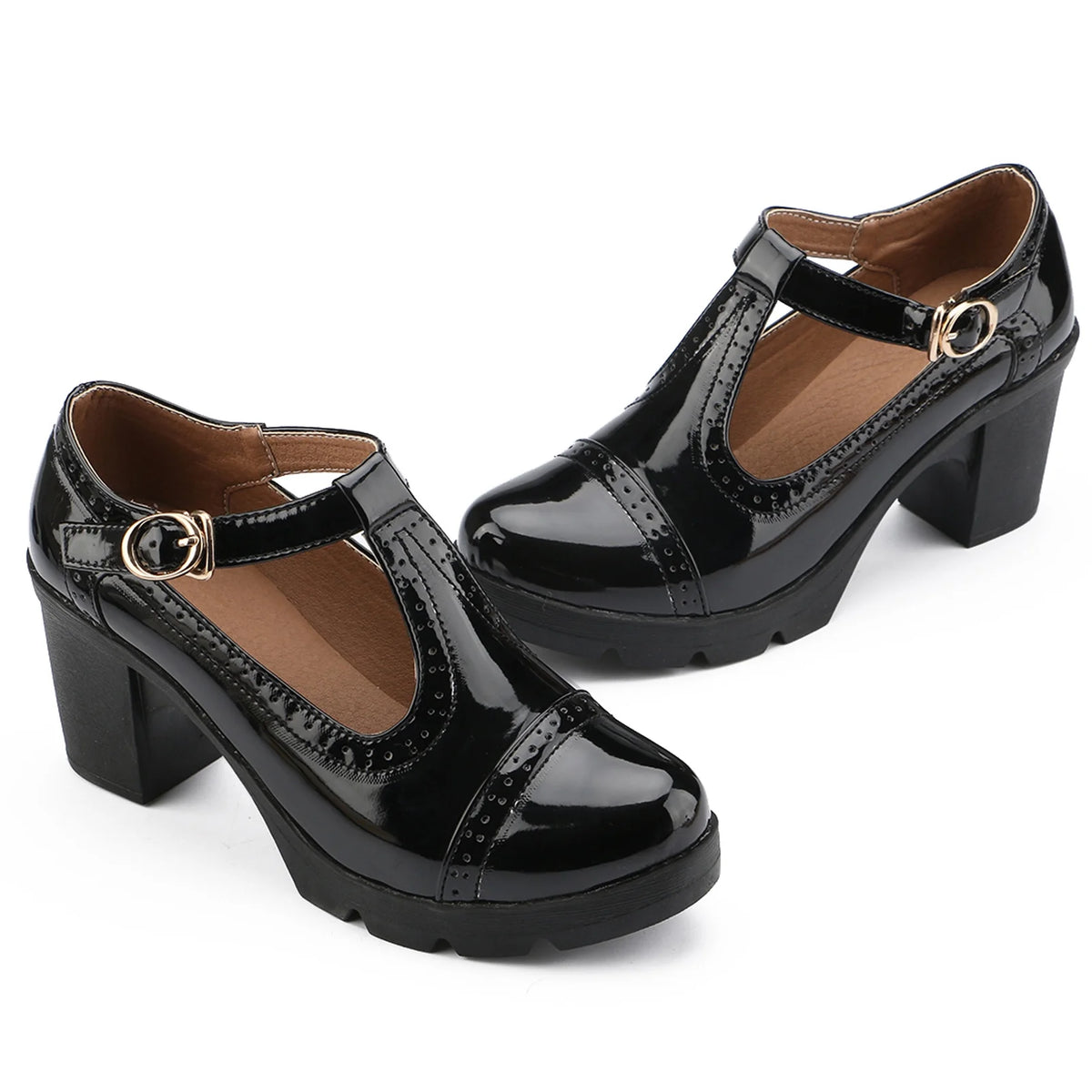 Black Patent Leather T-Strap Platform Mary Jane Pumps G853