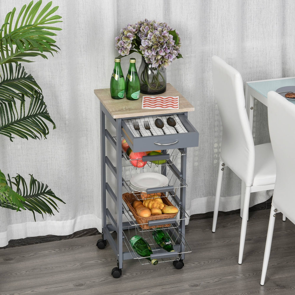 White Wooden Rolling Kitchen Storage Cart M72944