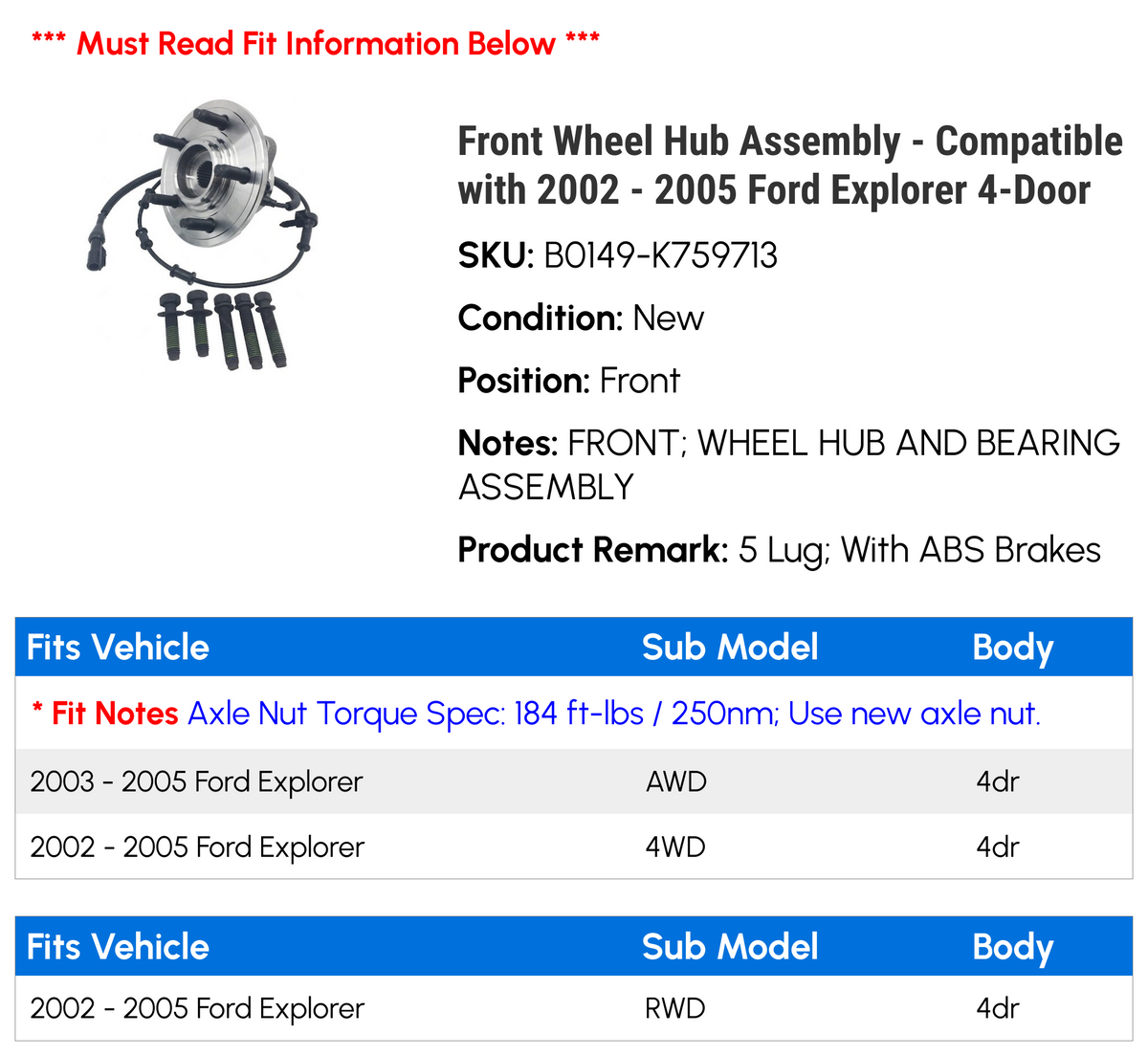 Front Wheel Hub Assembly for Ford Explorer 4-Door I6601