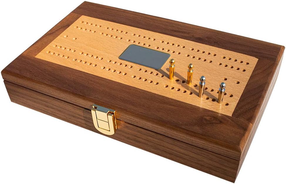 Luxury Domino Set with Walnut-Framed Beechwood Case & Cribbage / Counter Top - 28 Double-Six Dominoes B16849
