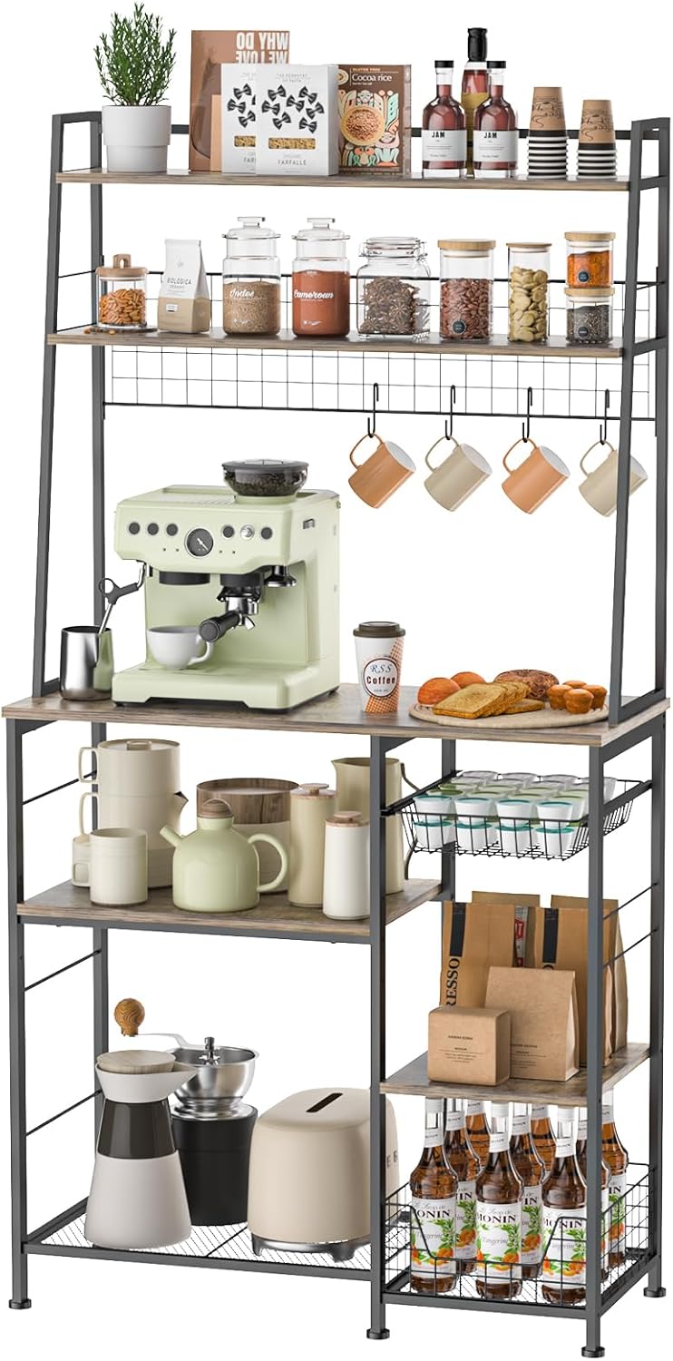 35.8" Large Farmhouse Coffee Station with 12 Hooks and Pull-Out Wire Basket, Coffee Bar Cart Table with Storage Shelves Rustic Brown V346685
