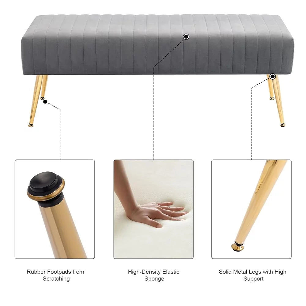 Grey Upholstered Tufted Striped Fabric Bench with Metal Legs J7161