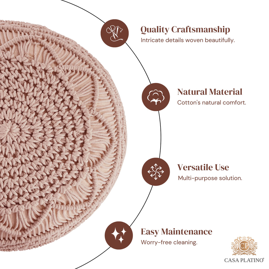 Dusty Pink Hand Knitted Macrame Pouf Ottoman F883768