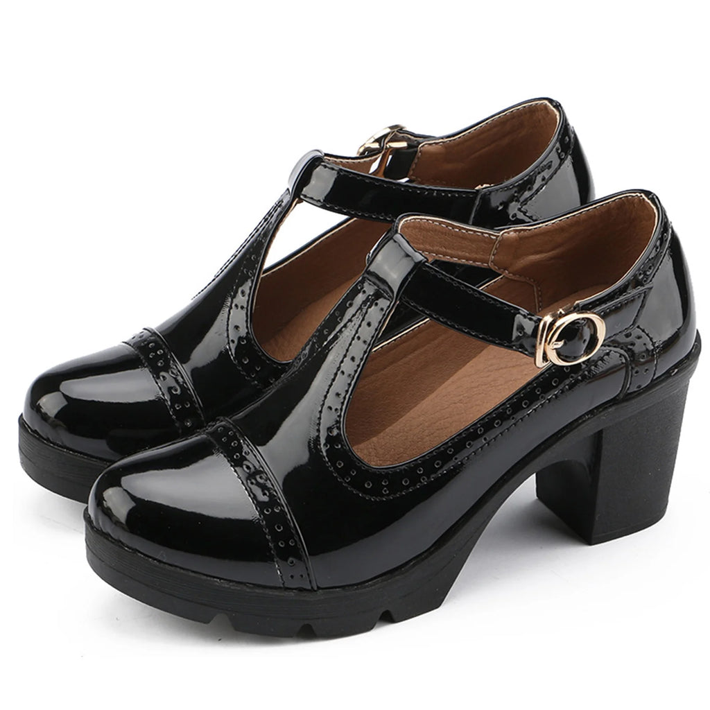 Black Patent Leather T-Strap Platform Mary Jane Pumps G853