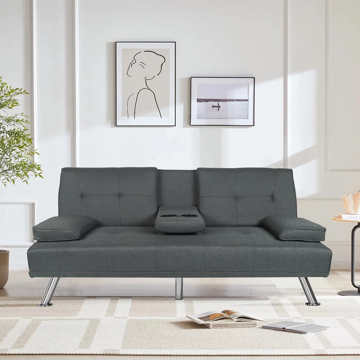Dark Gray Linen Convertible Futon Sofa V7897