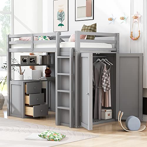 Full Size Solid Wood Loft Bed with Desk and Wardrobe S55881