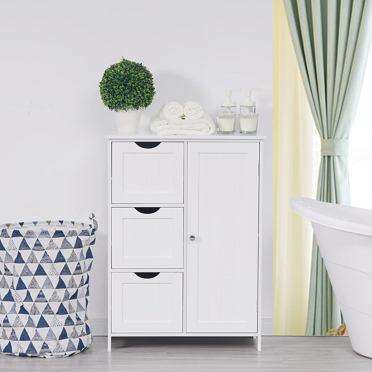 White Wooden Freestanding Bathroom Floor Cabinet with 1 Cupboard and 3 Drawers E4944