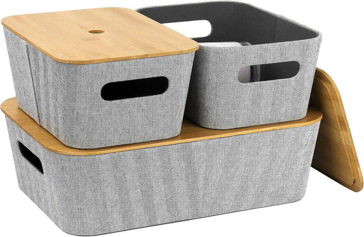 Mid-Century Modern Storage Basket with Bamboo Lids, Set of 3, Light Gray P8210