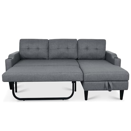 Brown L-Shaped Sleeper Sofa with Cup Holders J251373