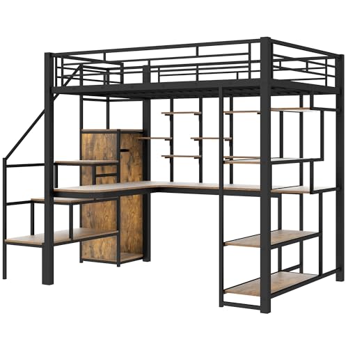 Black Metal Loft Bed with Desk and Stairs M784