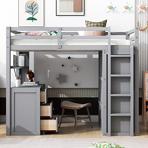 Full Size Solid Wood Loft Bed with Desk and Wardrobe S55881