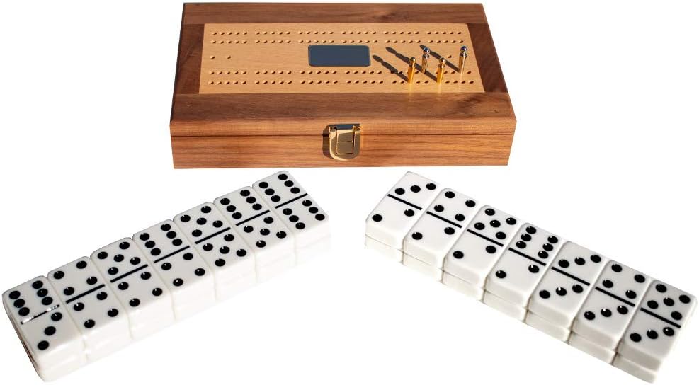 Luxury Domino Set with Walnut-Framed Beechwood Case & Cribbage / Counter Top - 28 Double-Six Dominoes B16849