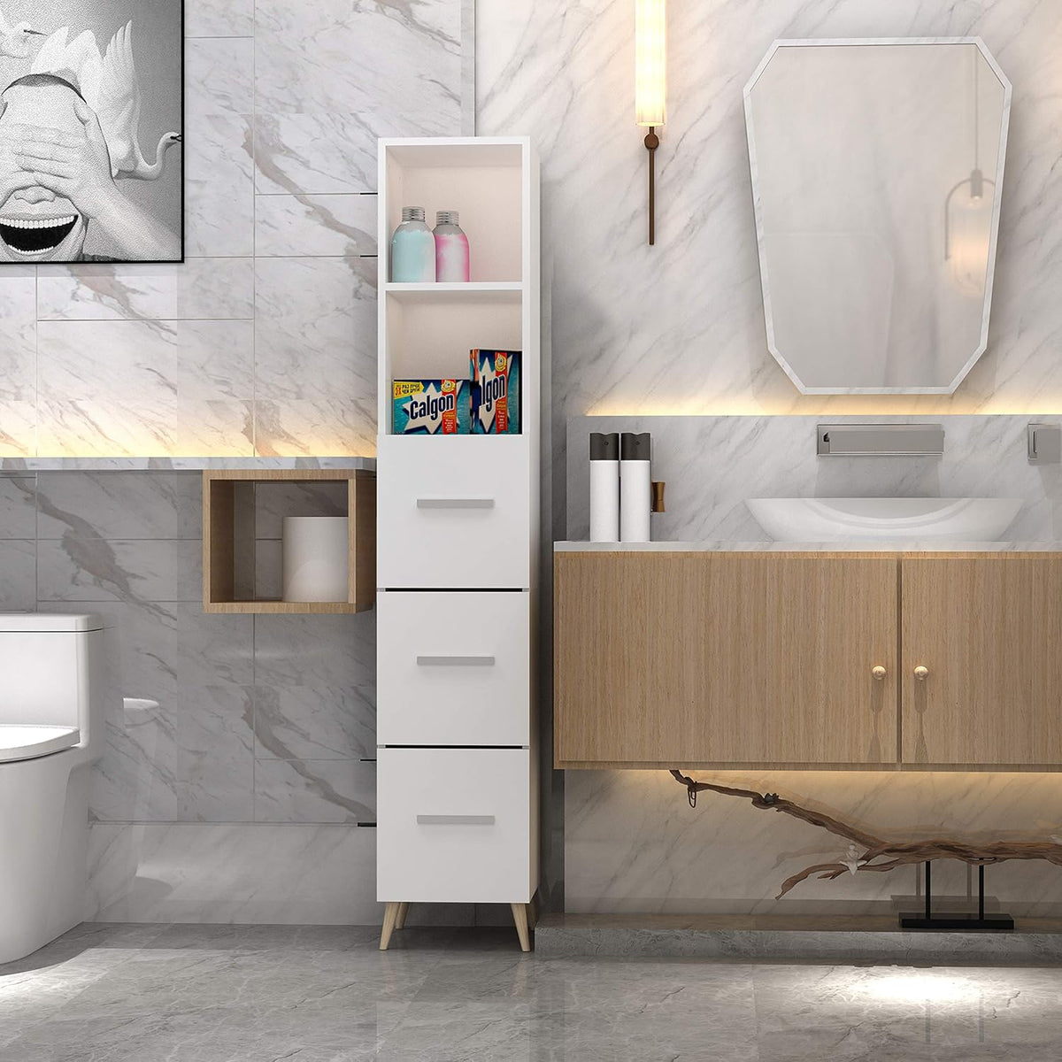Ivory White Freestanding Bathroom Cabinet with 2 Doors and 2 Open Shelves B88552