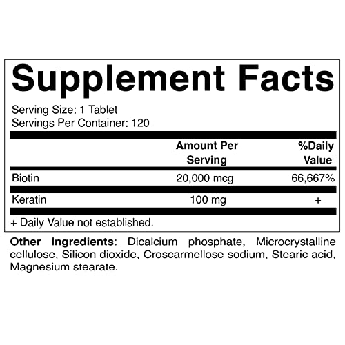 Biotin 20000 mcg with Keratin 100mg - 120 Vegetarian Tablets L764362