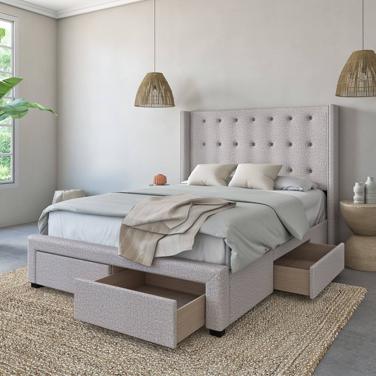 Queen Storage Wingback Bed Beige W63396
