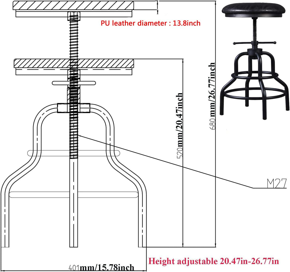 Adjustable Swivel Metal Bar Stool Set of 2 W4507