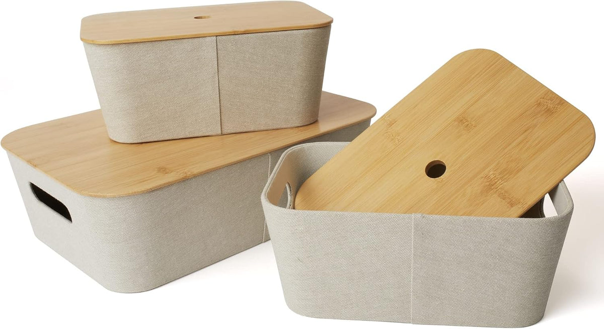 Mid-Century Modern Storage Basket with Bamboo Lids, Set of 3, Light Gray P8210