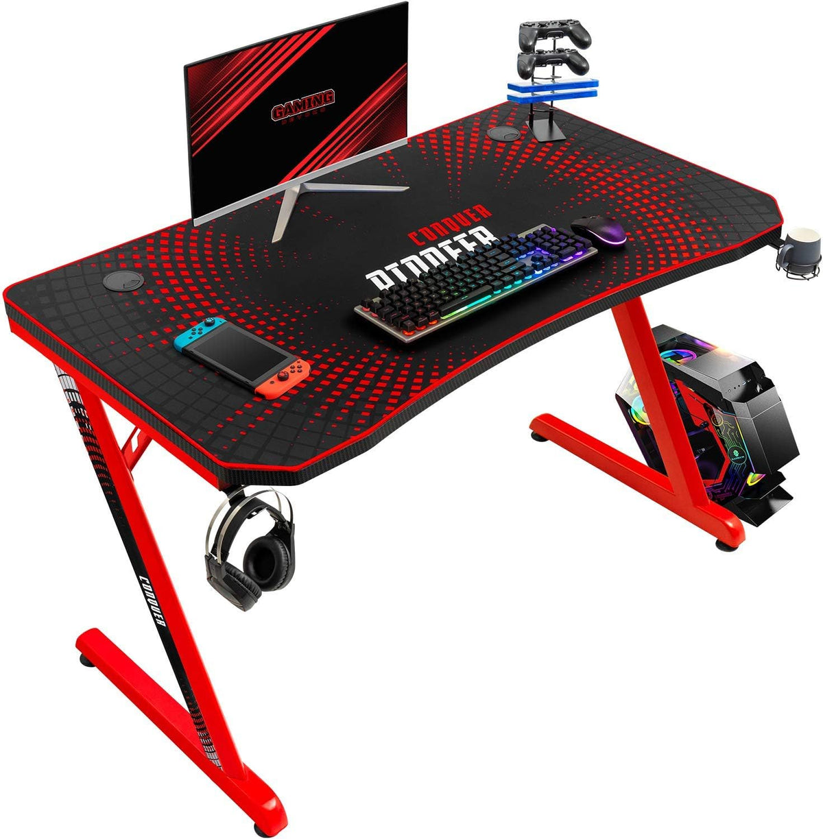 Black 55 inch Gaming Desk with Cup Holder and Headphone Hook F399629
