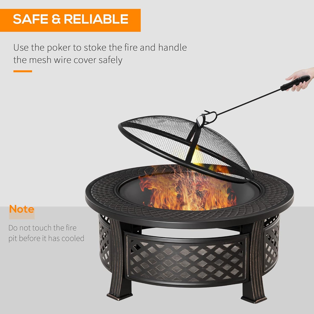 32 Outdoor Wood Burning Fire Pit with Grill, Spark Screen, Poker, Rain Cover, Black Z9791