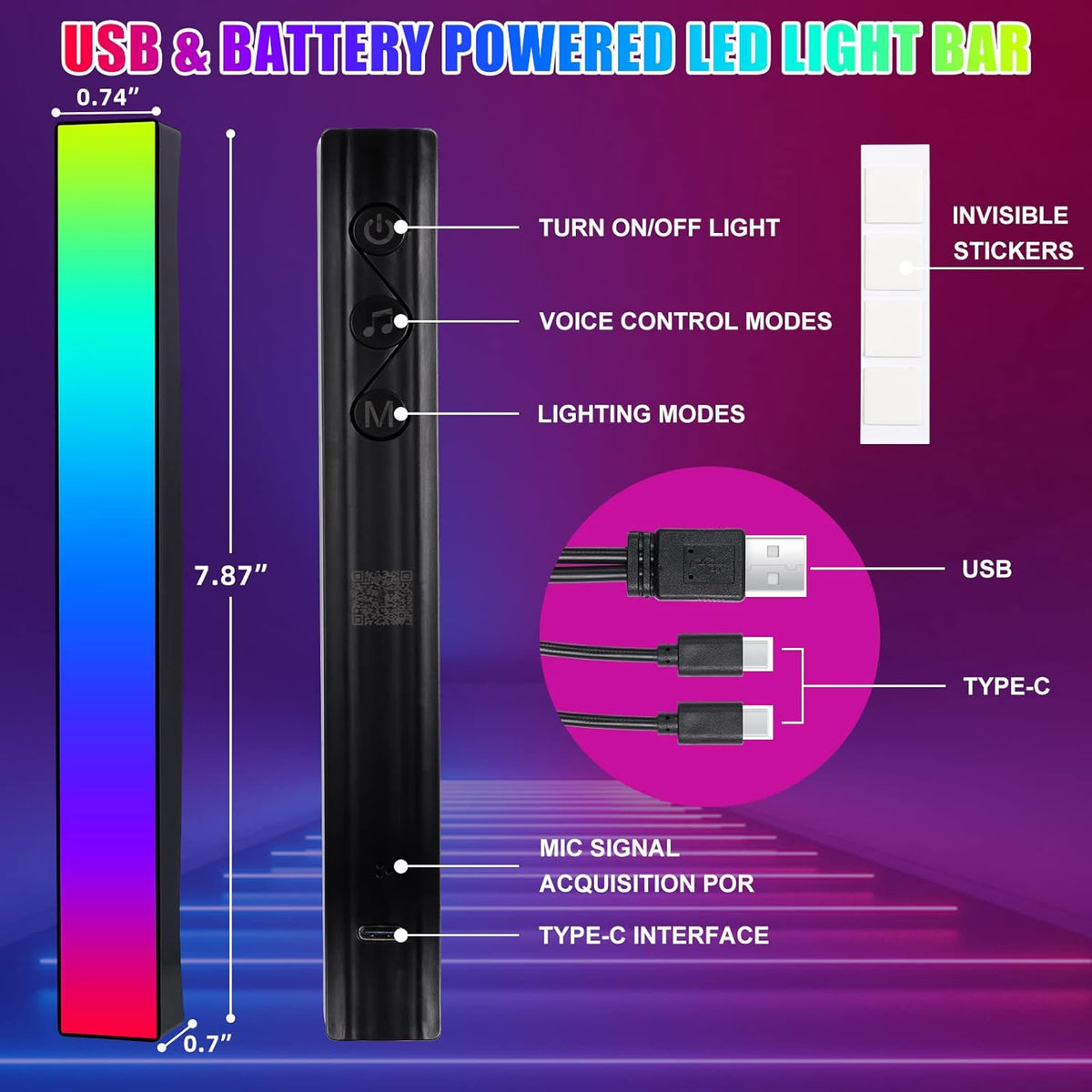 Battery Powered RGB Sound Control Rhythm Light Bar 2Pcs T32746