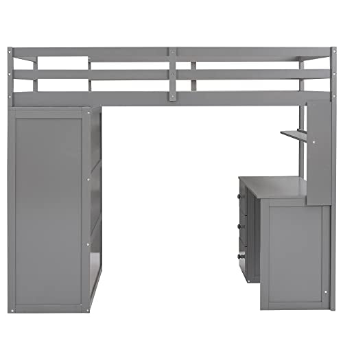 Full Size Solid Wood Loft Bed with Desk and Wardrobe S55881